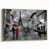 Vintage poster art of Paris landscape, featuring muted gray and gold tones on framed canvas, ideal for bedroom wall decor.