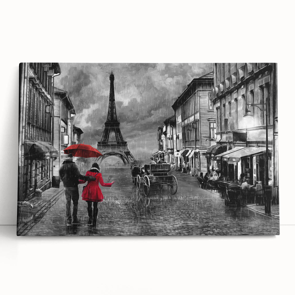 Black and white image of Paris streets on stretched canvas, ideal for kitchen wall art.