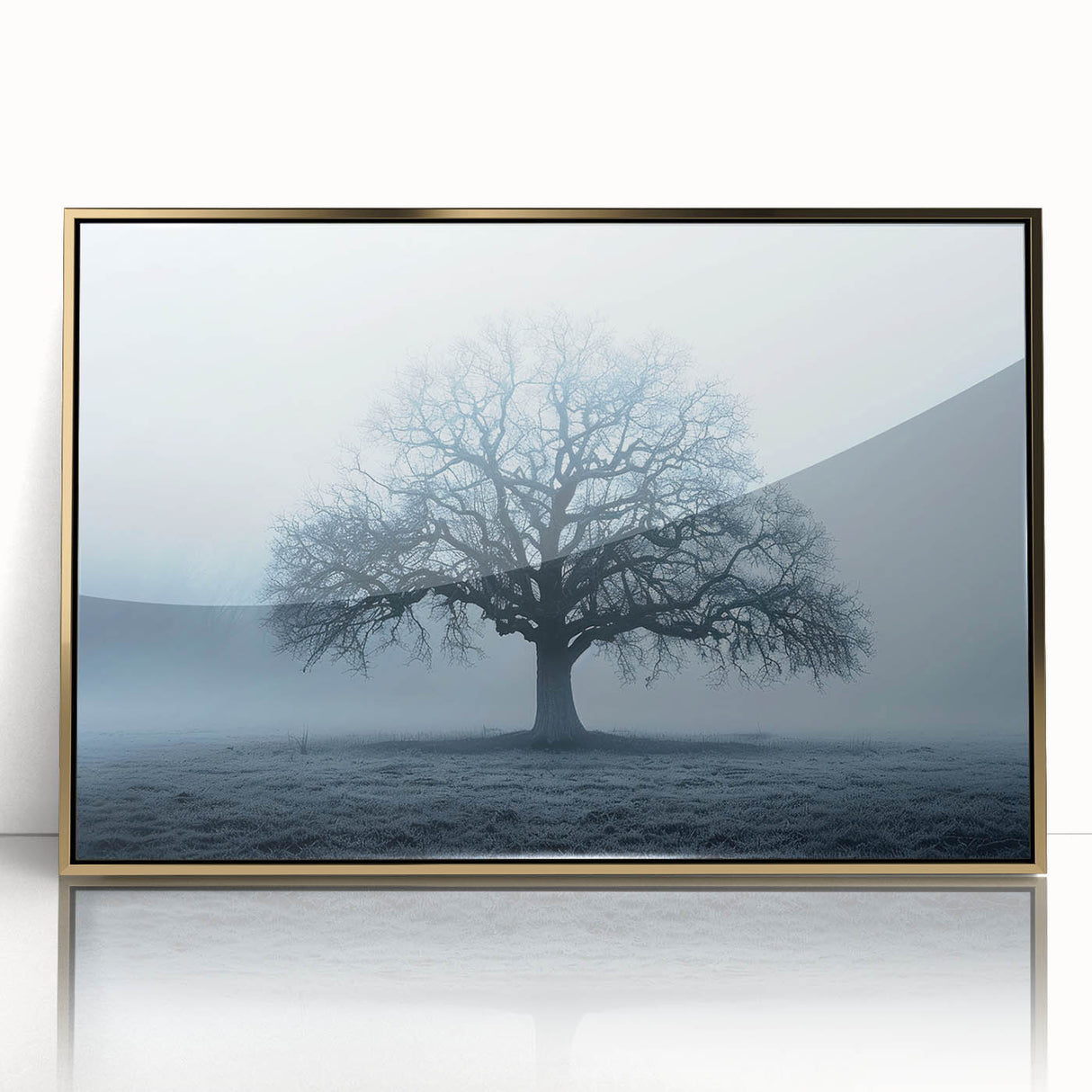 Art deco poster of a European scenery in Latvia, featuring muted gold and blue tones on a framed acrylic.