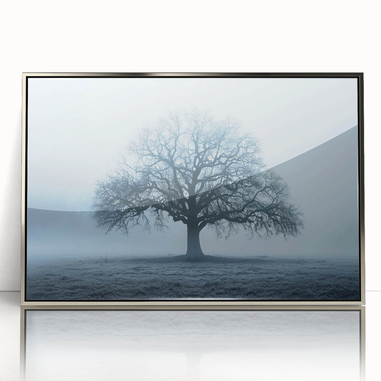 Large acrylic print of a serene Latvian landscape in soft green and blue tones, framed in silver.