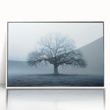 Mid-century modernist art depicting a serene Latvian landscape, in muted earth tones, framed acrylic.