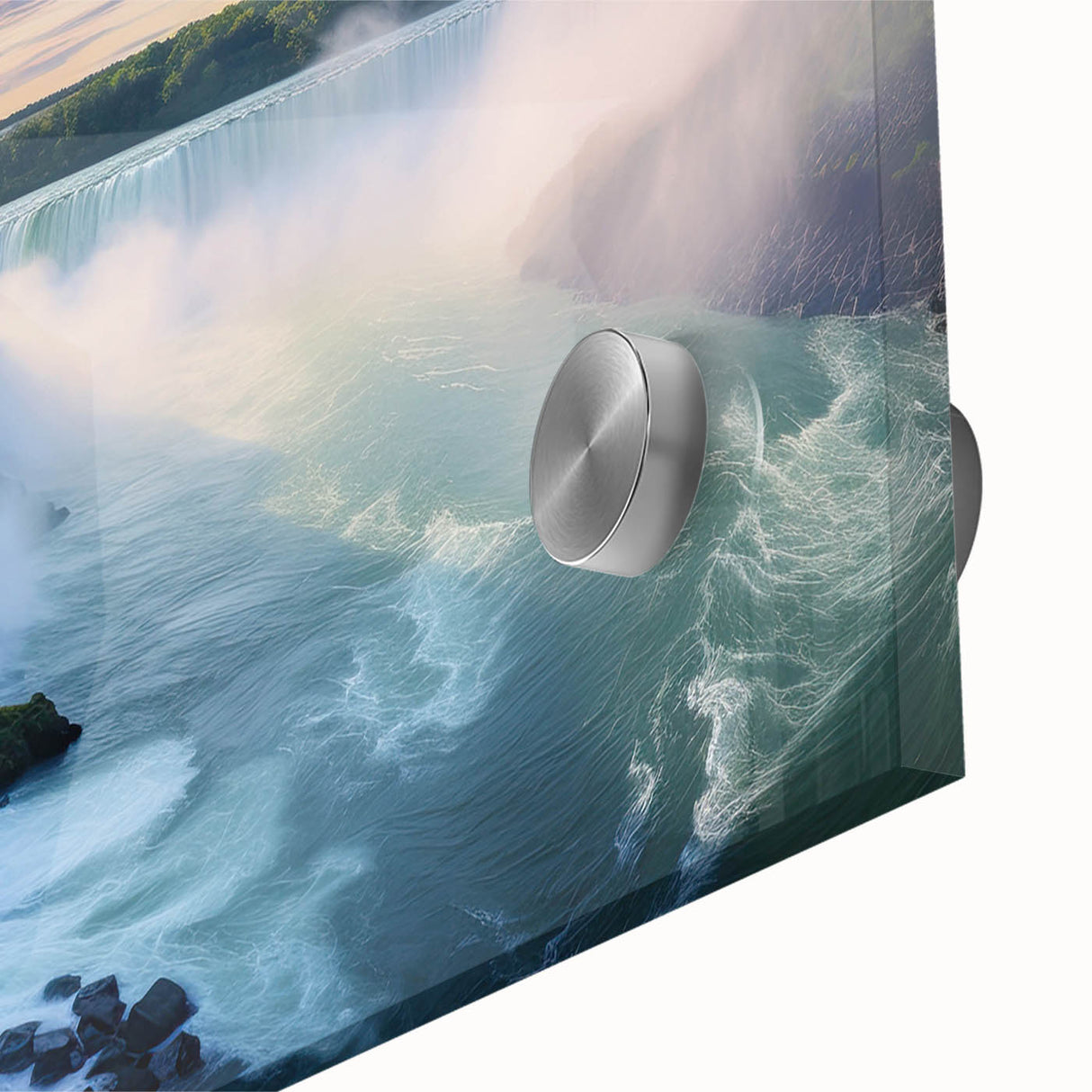 Large abstract wall art depicting a stylized Brazilian landscape in vibrant green and blue tones on acrylic glass.