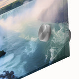 Large abstract wall art depicting a stylized Brazilian landscape in vibrant green and blue tones on acrylic glass.