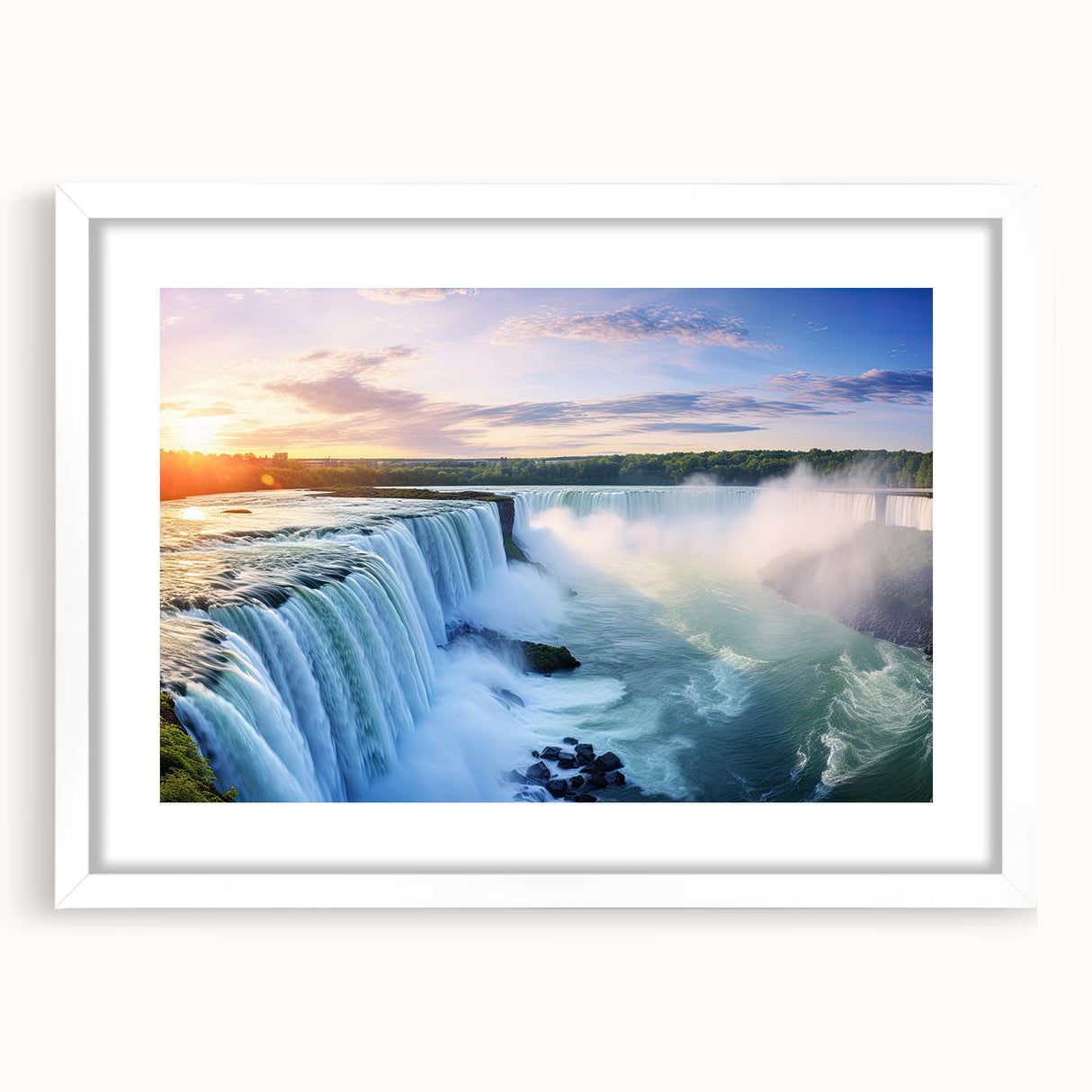 Abstract art print of a stylized Brazilian landscape in vibrant greens and blues, framed with a white mat.
