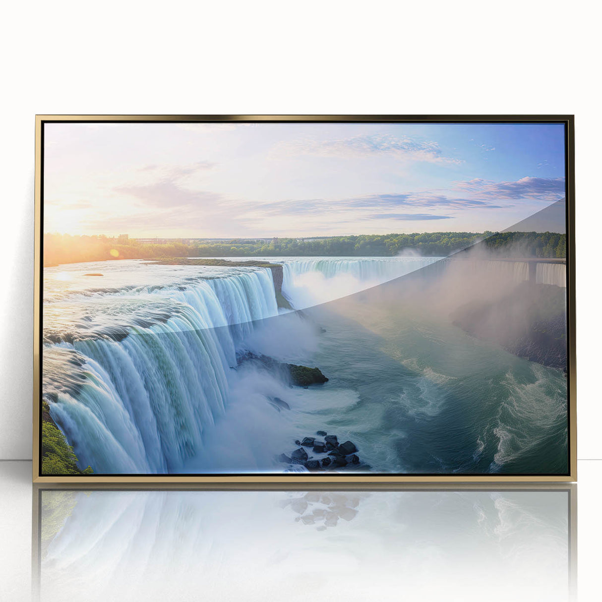 Large art print of a Brazilian landscape in muted earth tones, framed in gold acrylic, suitable for modern art wall decor.