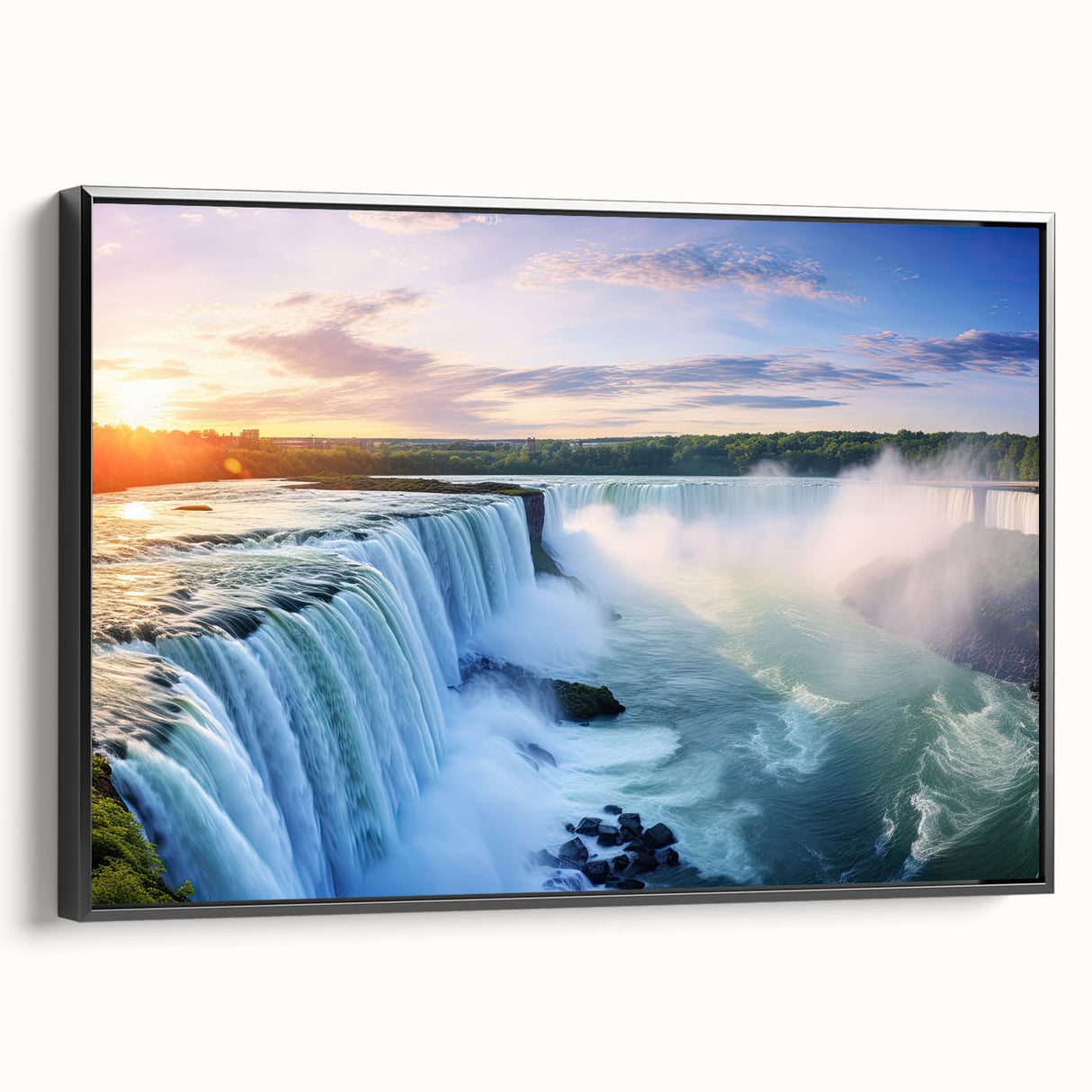 Black and white wall art featuring a vintage poster art style landscape of South America on framed canvas.