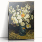 Large art print of Van Gogh's Starry Night in a silver frame, featuring swirling blue and yellow tones.