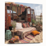 Side view of a caravan depicted in large abstract wall art with mid-century modernist influences.