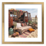Extra large abstract art print featuring a textured caravan design in muted gold tones, framed with a mat.