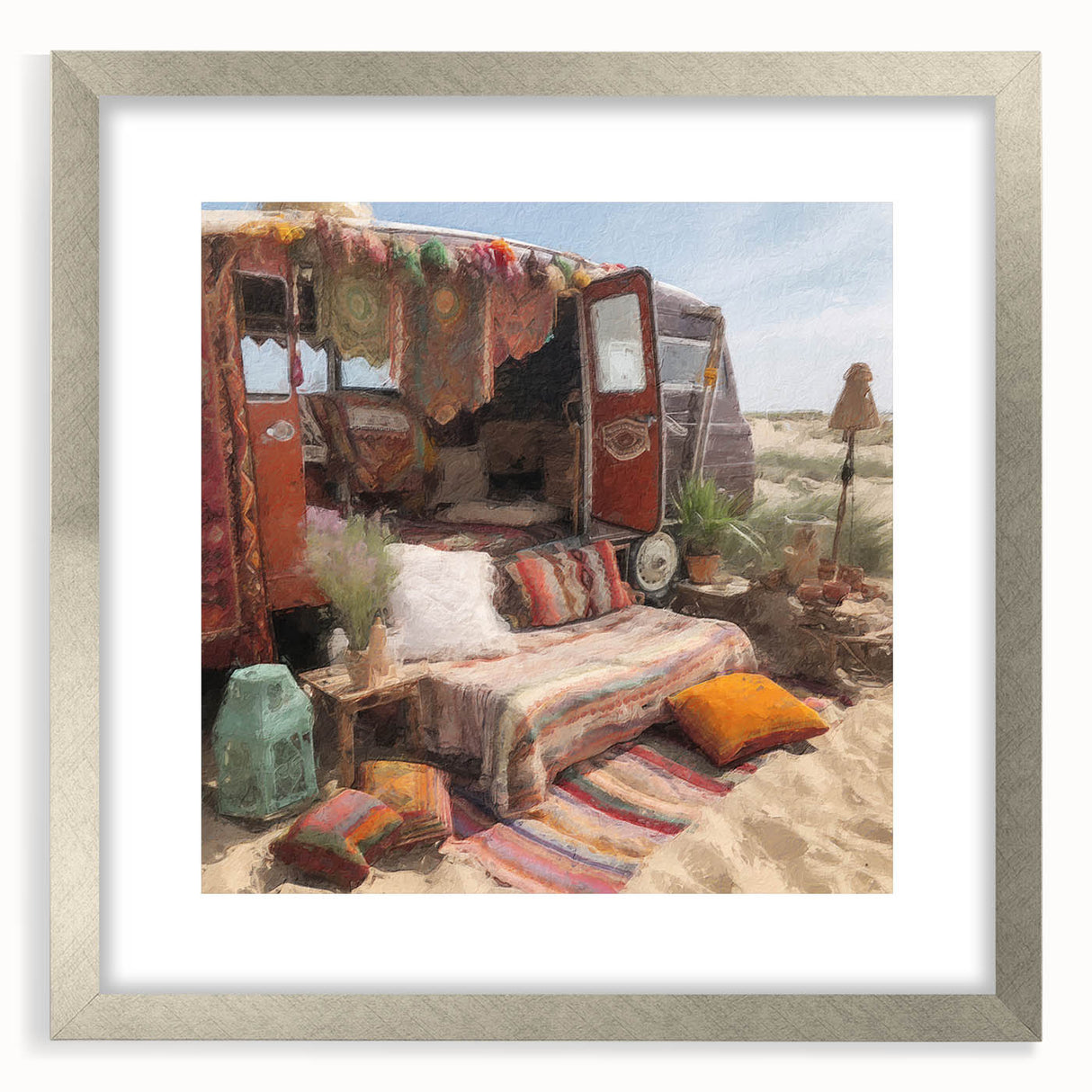 Textured abstract art print of a caravan in muted earth tones on a framed silver mat, ideal for bedroom art.