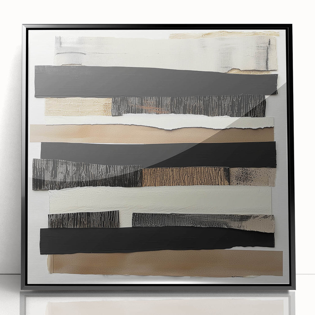 Framed acrylic art piece displaying a minimalistic black abstract design, showcasing a sleek front view that enhances modern decor aesthetics and creative expression.