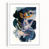 Minimalist white-framed abstract artwork with a mat, showcasing geometric shapes and soft pastel colors, perfect for modern home decor or office spaces.