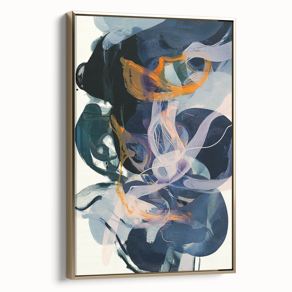 Framed minimalist abstract canvas artwork showcasing a gold design, viewed from the side, perfect for modern home decor. Adds elegance and sophistication to any room.