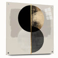 Abstract minimalist acrylic artwork displayed in a glass frame, showcasing a sleek side view with decorative pins. Ideal for modern decor and art enthusiasts.