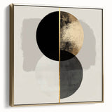 Framed minimalist abstract canvas artwork in silver and gold tones, showcasing geometric patterns against a neutral background, perfect for modern decor.