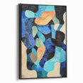 Framed minimalist abstract wall art featuring bold black and white geometric shapes, displayed from a side view to highlight its sleek design and modern aesthetic. Perfect for contemporary home decor or office spaces.