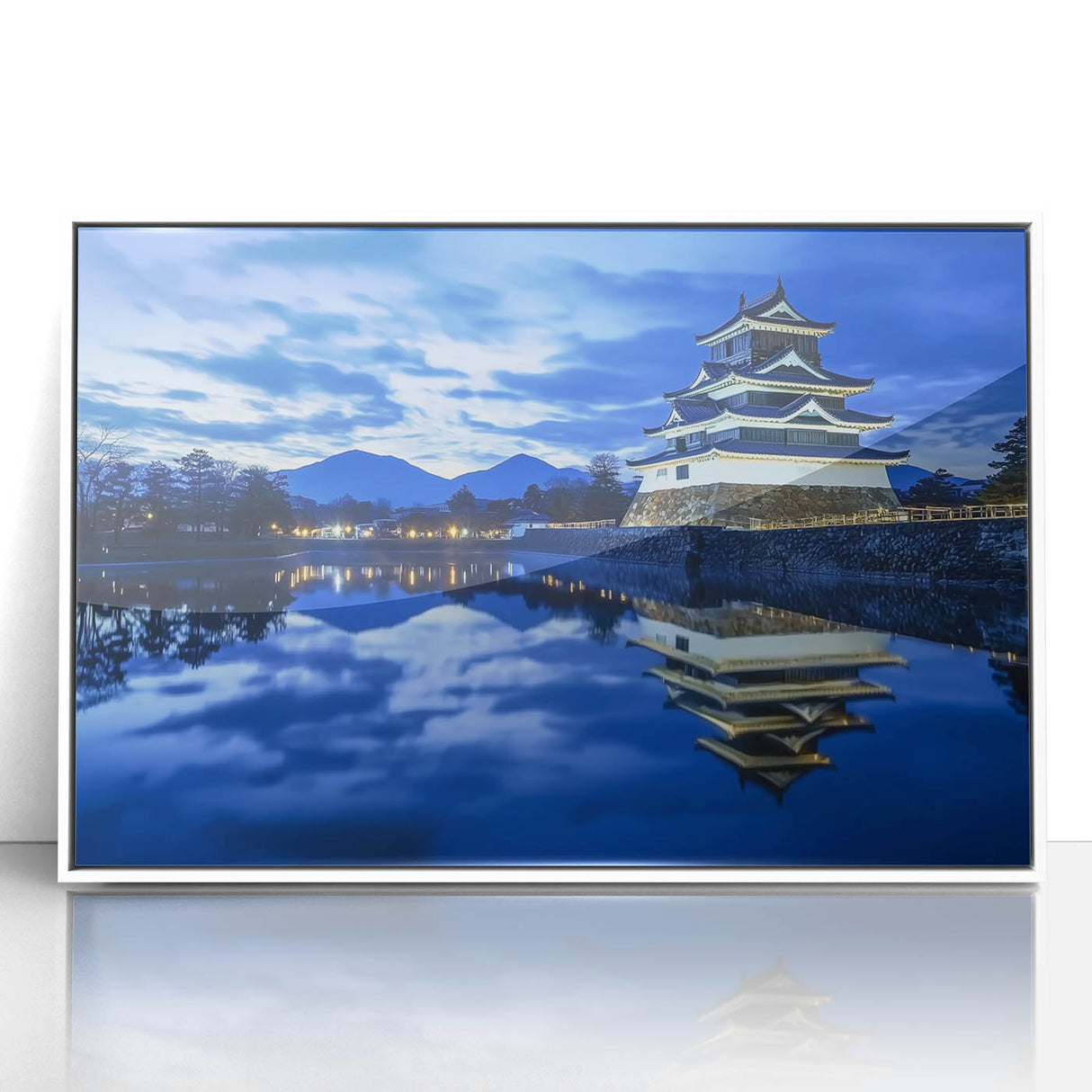 Framed acrylic artwork showcasing a stunning landscape with a castle, featuring a white frame and clear, vibrant colors, perfect for home decor enthusiasts.