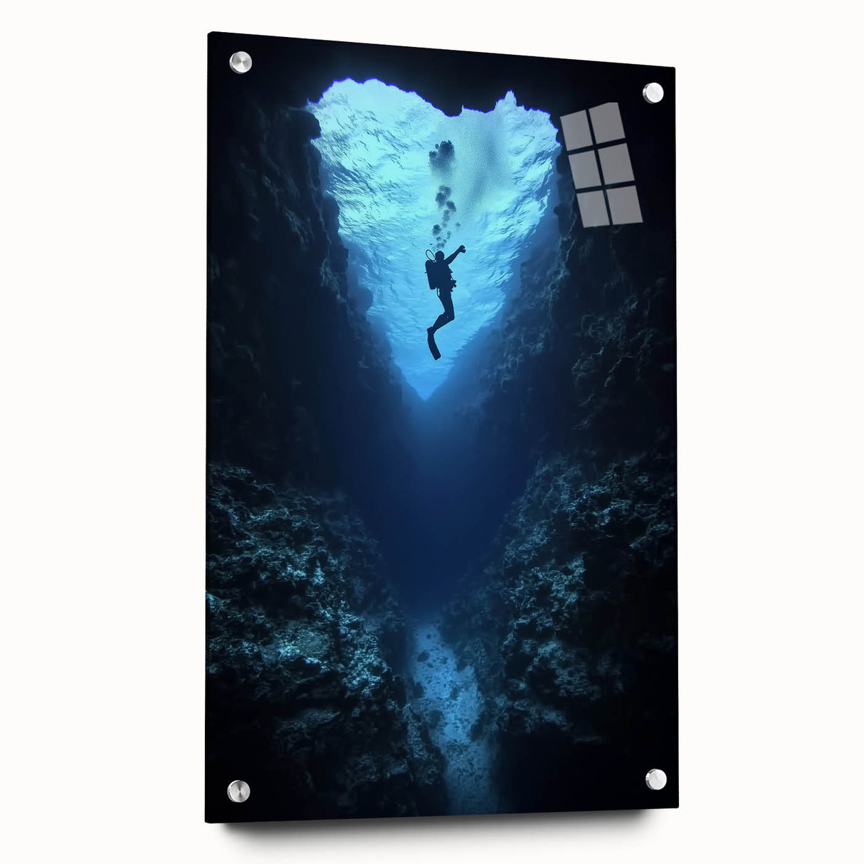 Acrylic glass artwork showcasing a stunning side view of colorful landscapes and caves, uniquely displayed with decorative pins, ideal for modern home decor.