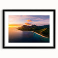 Black-framed landscape artwork featuring a dramatic cliff scene, showcasing vibrant colors and intricate details, surrounded by a crisp white mat for an elegant presentation. Ideal for enhancing home decor or office ambiance.
