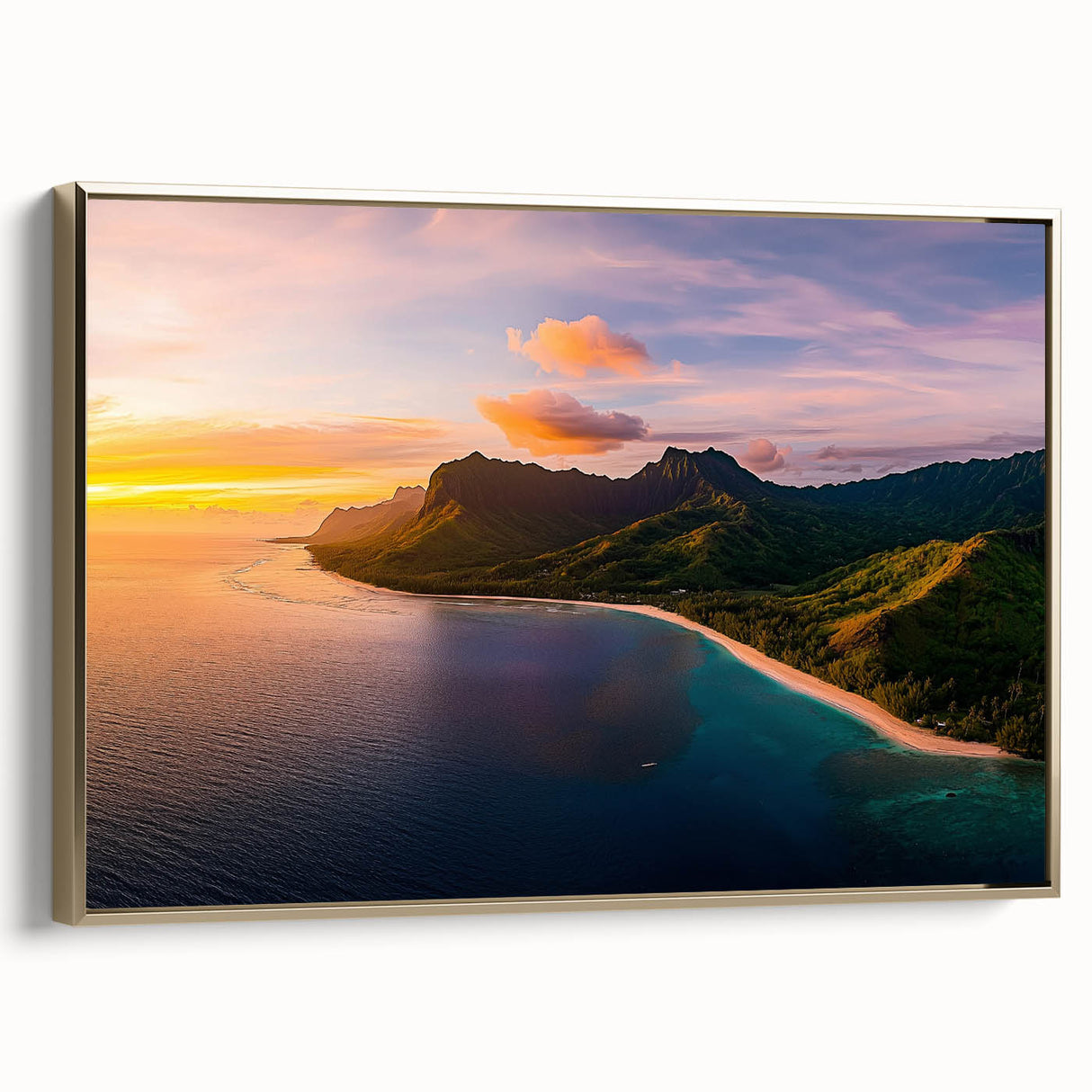 Framed canvas artwork showcasing a stunning landscape of cliffs with rich gold accents, displayed in a sleek frame, perfect for modern home decor.