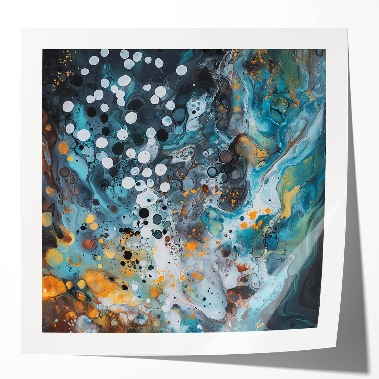 Abstract splatter art print mockup showcasing vibrant colors on a glossy surface, ideal for modern home decor, featuring dynamic patterns and textures.