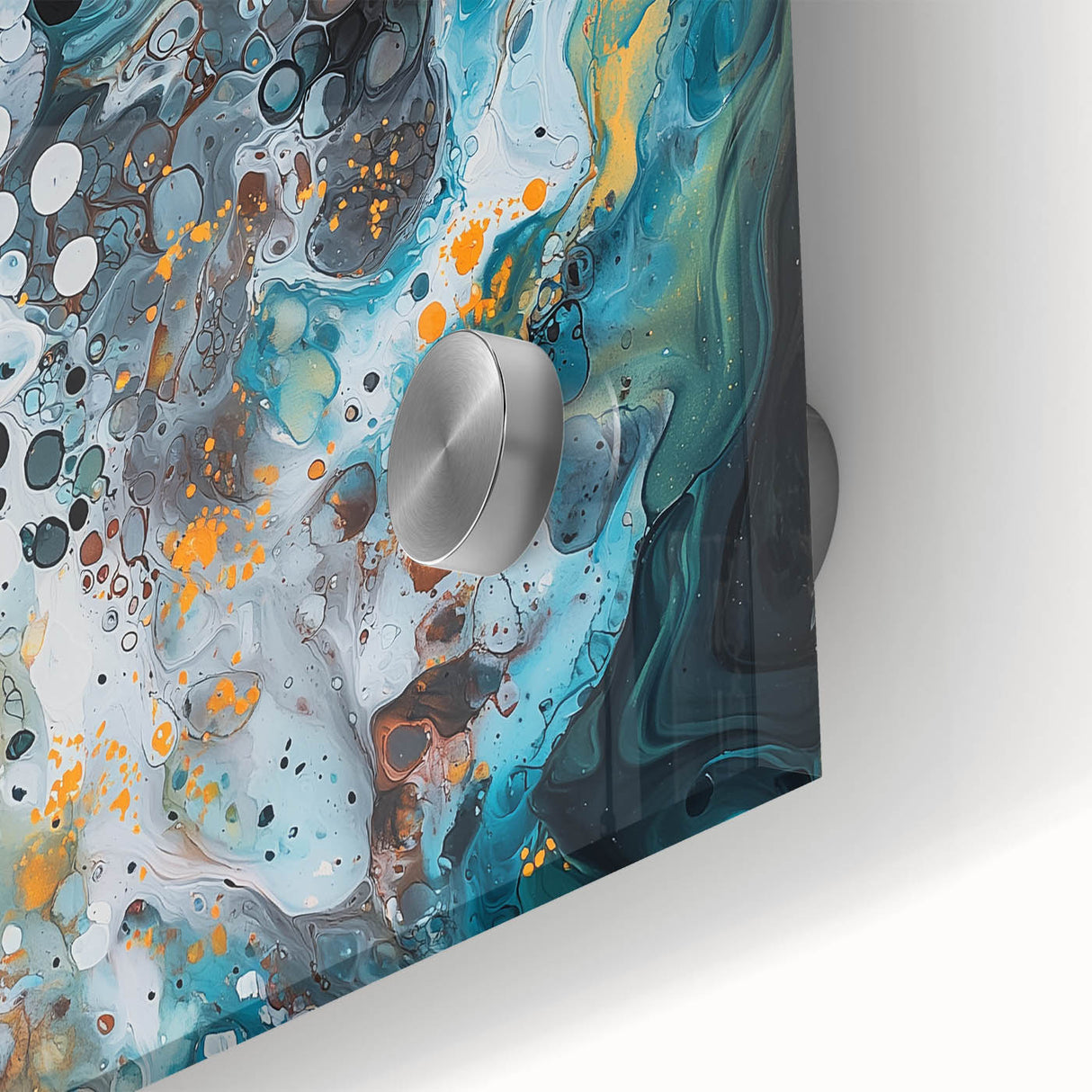 Close-up of an abstract acrylic glass artwork showcasing vibrant splatters of blue, orange, and yellow, emphasizing vivid colors and unique textures. Perfect for modern decor.