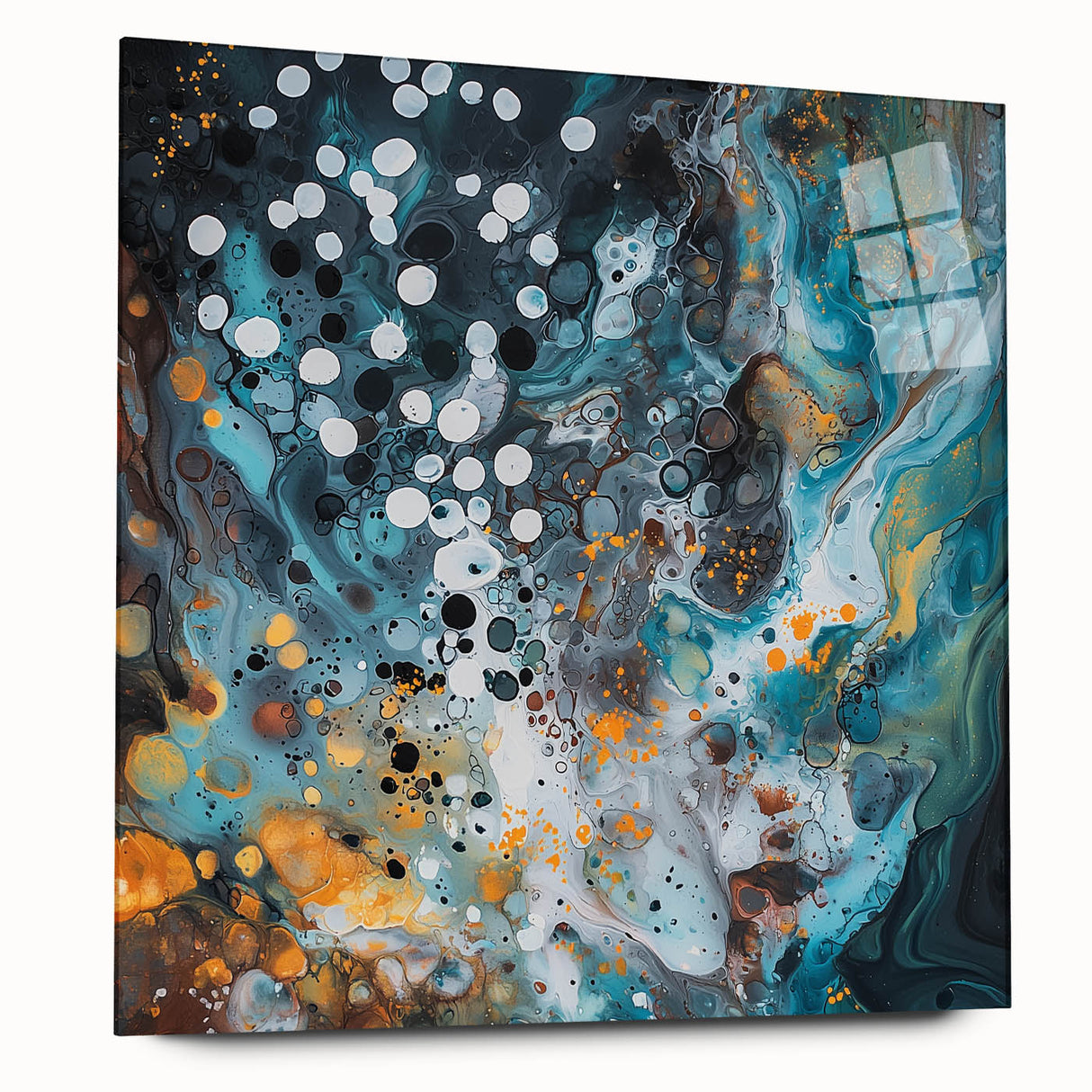 Abstract acrylic glass artwork showcasing vibrant splatters in a side view, emphasizing its smooth finish and modern design, ideal for contemporary decor.
