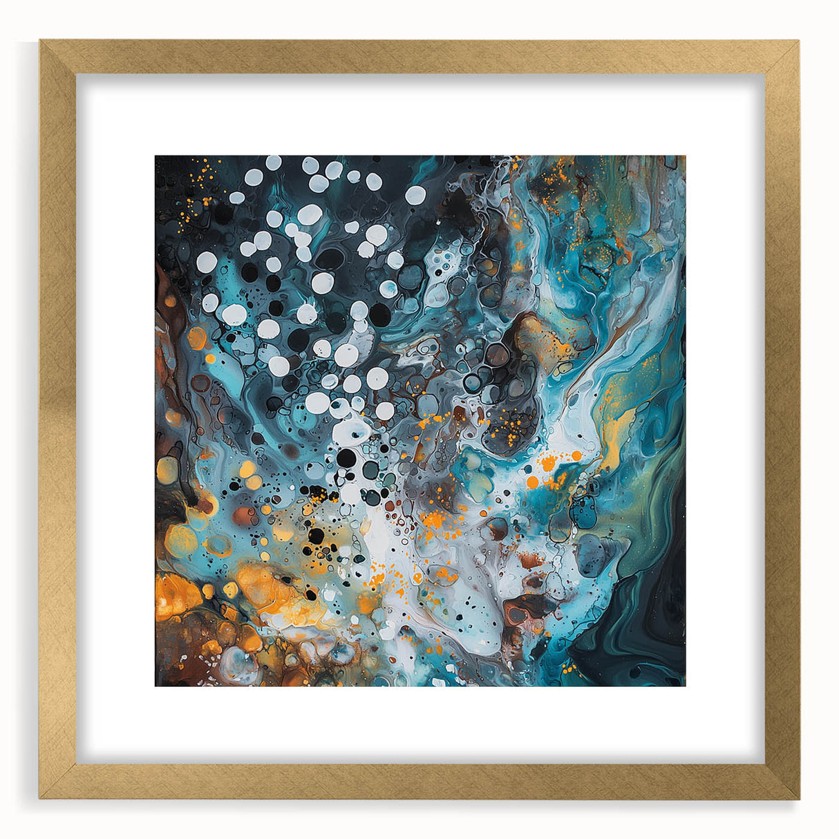 Abstract splatter art frame featuring a gold mat, showcasing vibrant colors and dynamic patterns, ideal for modern home decor or gallery display.