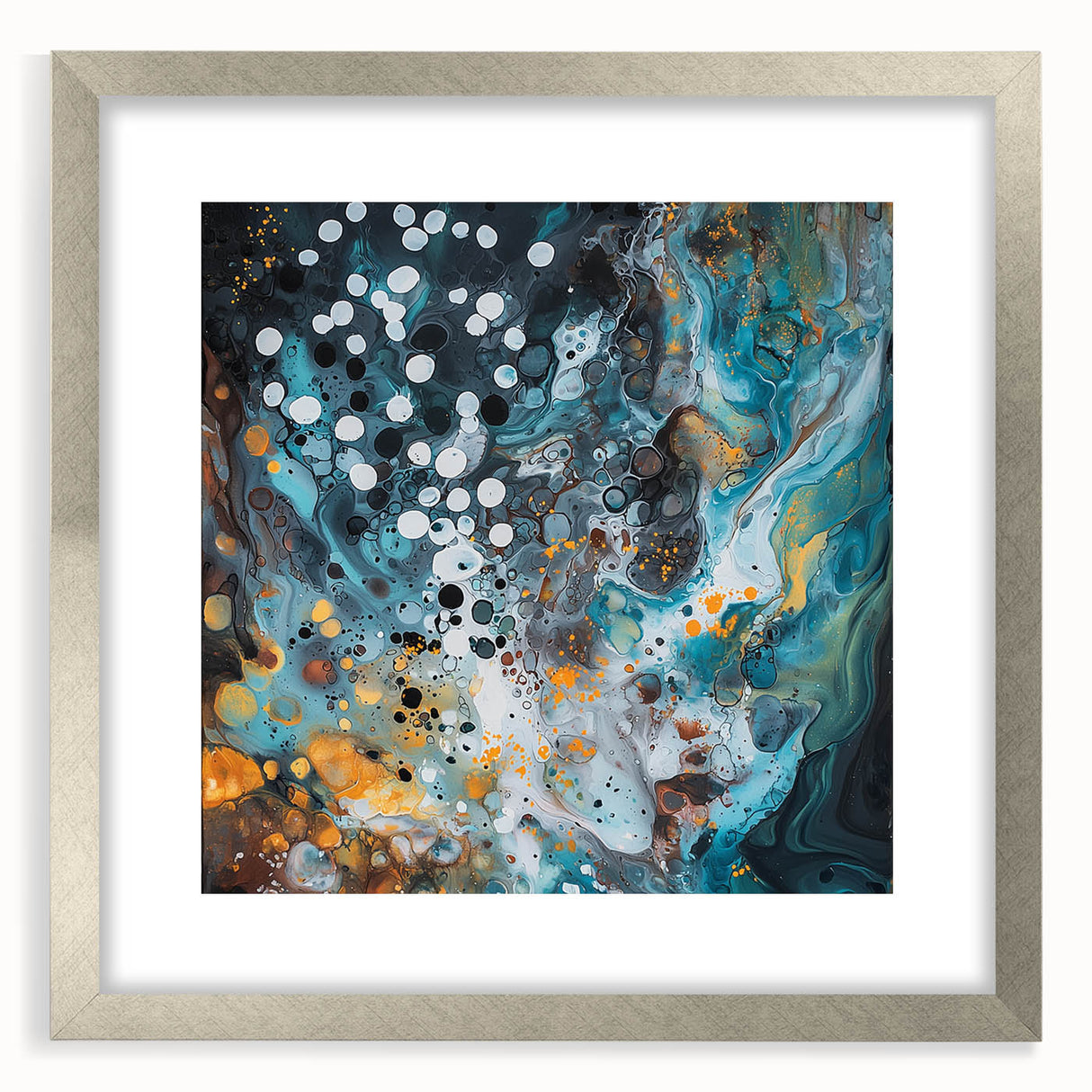 Abstract splatter art frame in silver with a white mat, showcasing vibrant colors and dynamic patterns, perfect for modern decor and artistic displays.