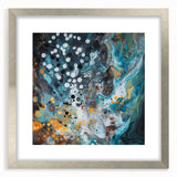 Abstract splatter art frame in silver with a white mat, showcasing vibrant colors and dynamic patterns, perfect for modern decor and artistic displays.
