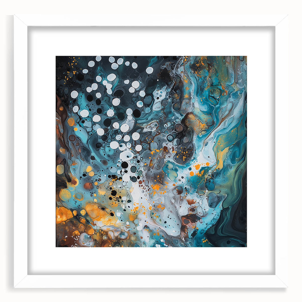 Abstract art frame displaying colorful splatters on a white mat background, ideal for modern decor, enhancing any space with vibrant creativity.