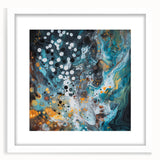 Abstract art frame displaying colorful splatters on a white mat background, ideal for modern decor, enhancing any space with vibrant creativity.