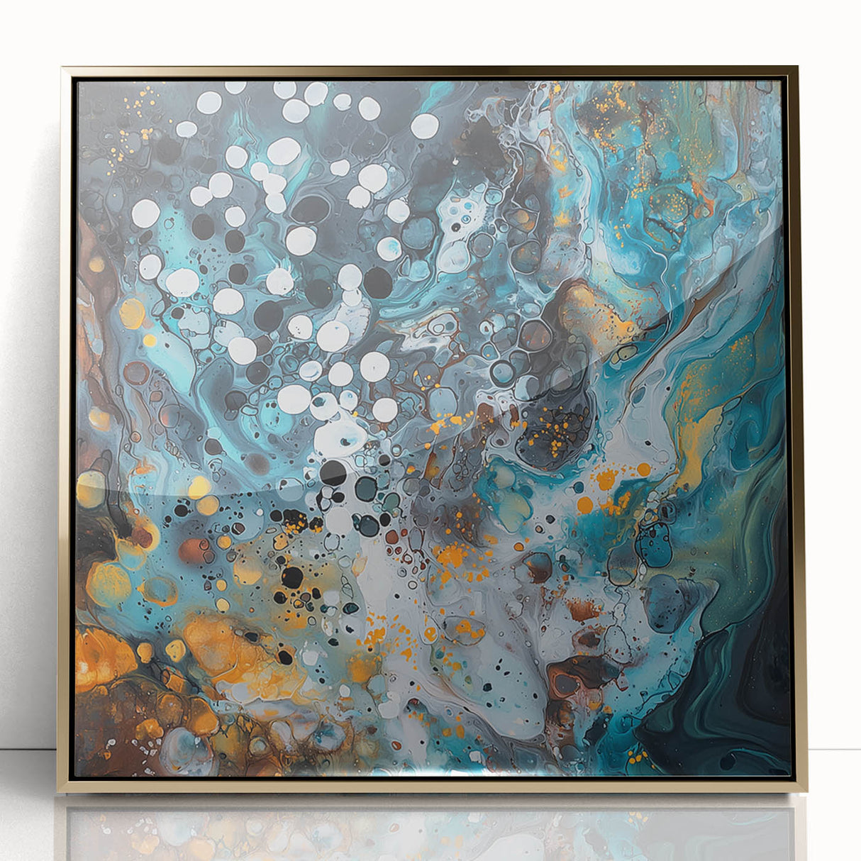 Framed acrylic artwork showcasing abstract gold splatters on a textured background, ideal for modern home decor. Perfect for adding elegance to any space.