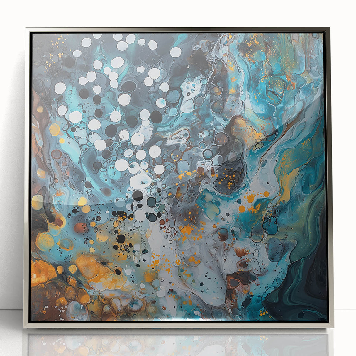 Framed acrylic artwork showcasing abstract splatters in vibrant colors, featuring a sleek silver frame that enhances modern decor, perfect for contemporary spaces.