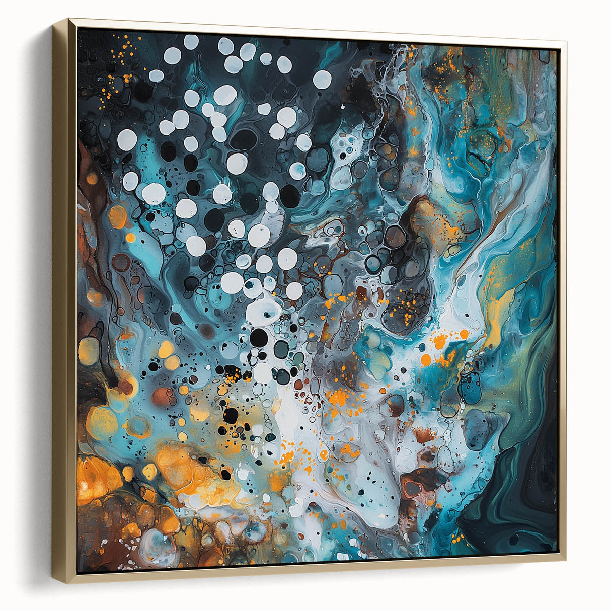 Framed canvas art featuring abstract splatters in silver and gold hues, showcasing a modern design perfect for contemporary decor. Ideal for adding elegance to any space.