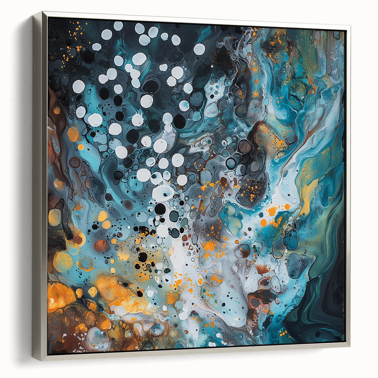Abstract splatter wall art on a silver-framed canvas, showcasing vibrant colors and dynamic patterns. Ideal for modern decor, it adds a touch of creativity to any room.