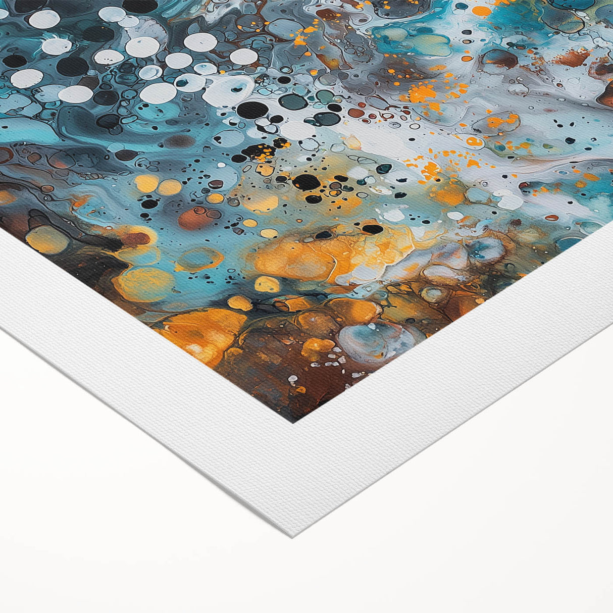 Abstract splatter art on rolled canvas showcasing vibrant colors of blue, yellow, and red, perfect for modern home decor. Packaged securely in a cardboard tube for safe delivery.