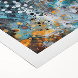 Abstract splatter art on rolled canvas showcasing vibrant colors of blue, yellow, and red, perfect for modern home decor. Packaged securely in a cardboard tube for safe delivery.