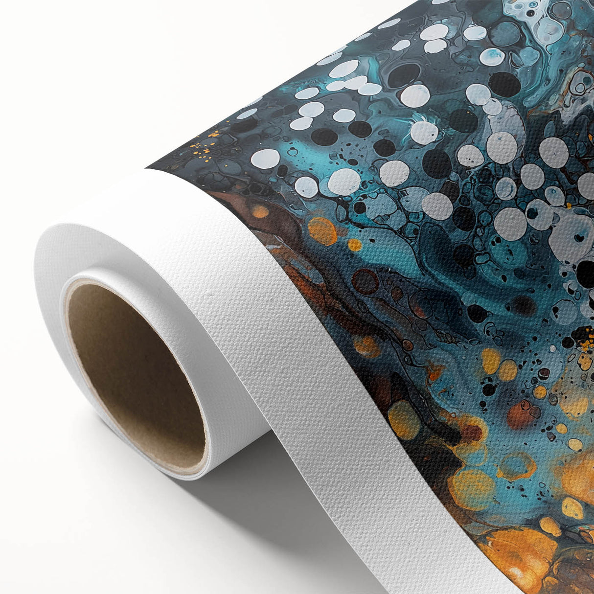 Colorful abstract splatter design on rolled canvas, showcasing vibrant hues of blue, yellow, and red, ideal for modern home decor or gallery walls. Perfect for adding a dynamic touch to living spaces or art collections.