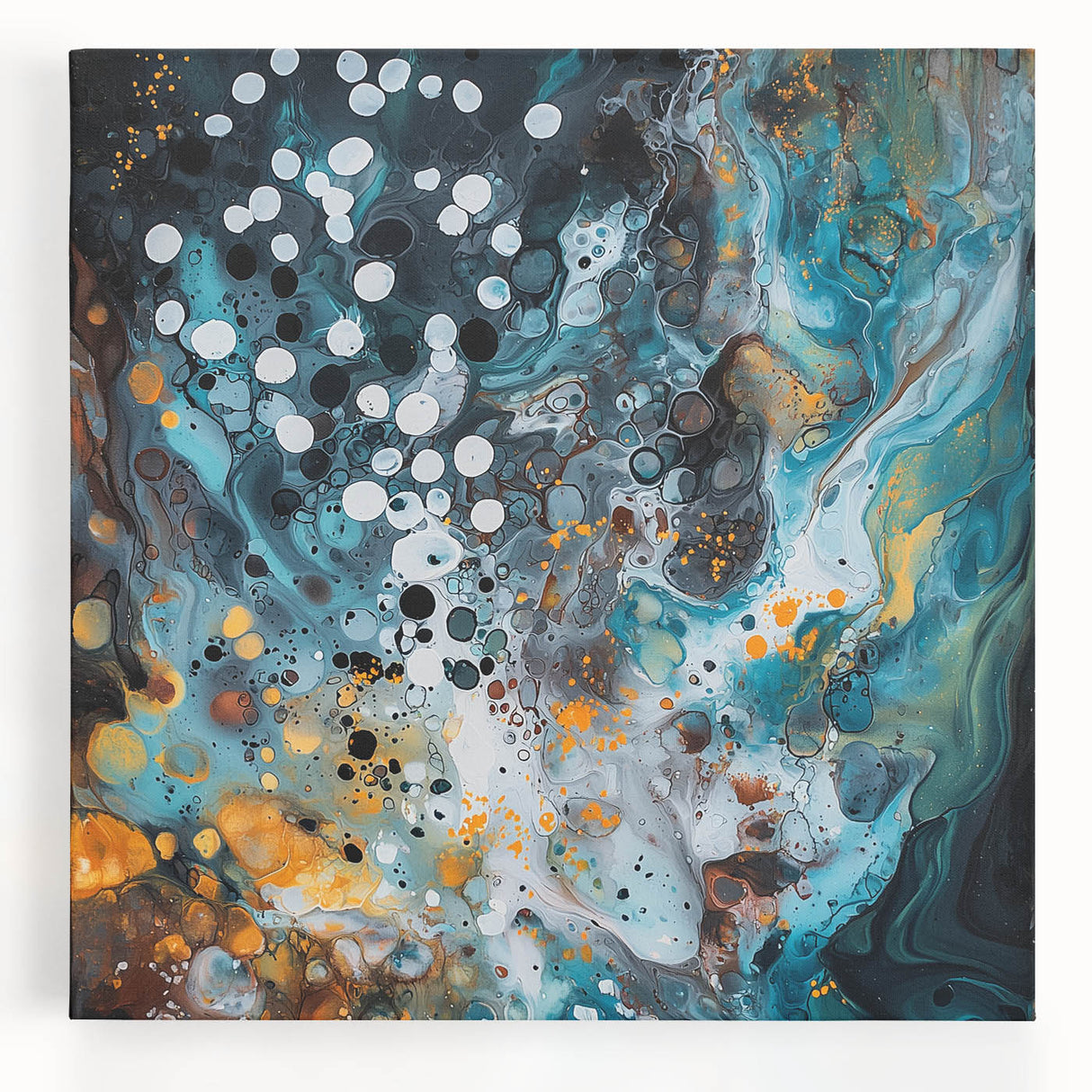 Abstract splatter art canvas featuring vibrant colors like teal, orange, and yellow, designed to add a modern touch to home decor. Perfect for contemporary art enthusiasts.