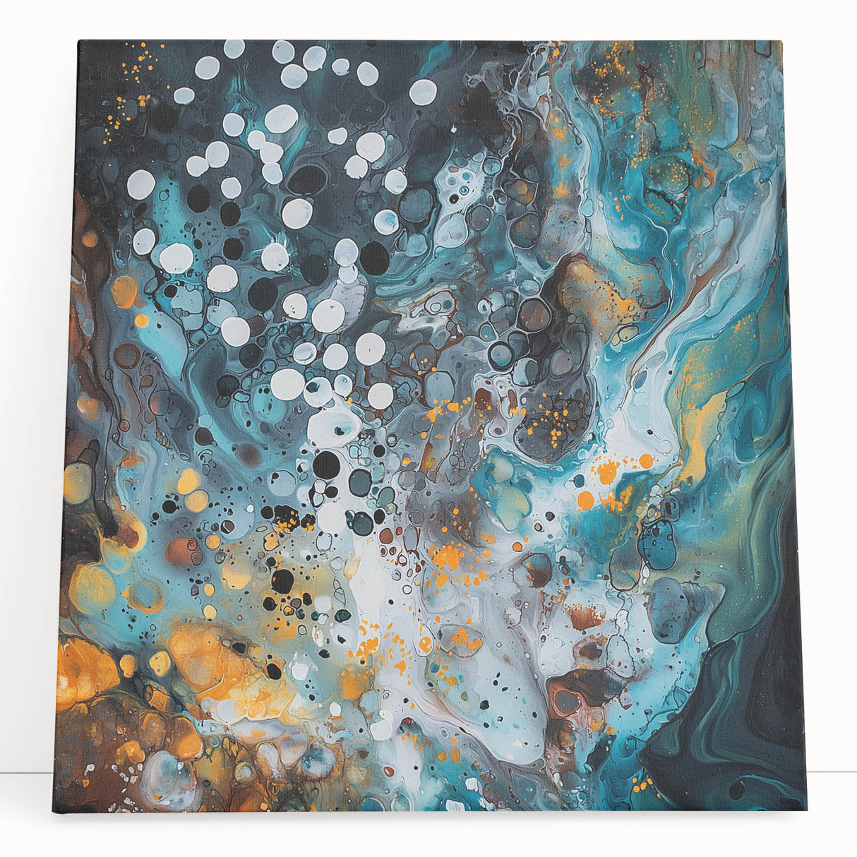 Abstract splatter art canvas featuring vibrant colors of blue, orange, and yellow, adding a modern touch to home decor. Perfect for contemporary art enthusiasts.
