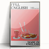 Mid-century modernist art featuring an array of stylized food dishes in muted earth tones, framed in silver acrylic.