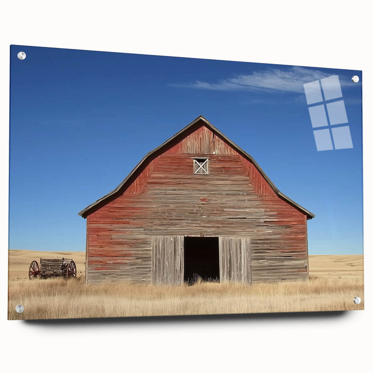 A side view of a landscape barn design printed on acrylic glass, showcasing vibrant colors and intricate details, securely mounted with decorative pins for display.