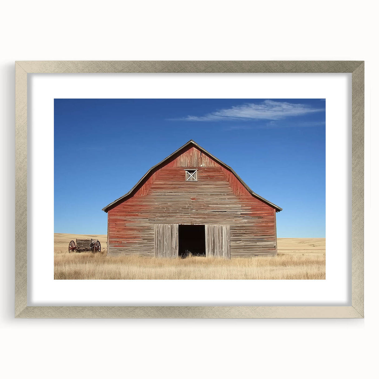 Landscape barn frame with a sleek silver mat, showcasing an elegant front view, perfect for enhancing home decor with a modern touch. Ideal for rustic-themed interiors.