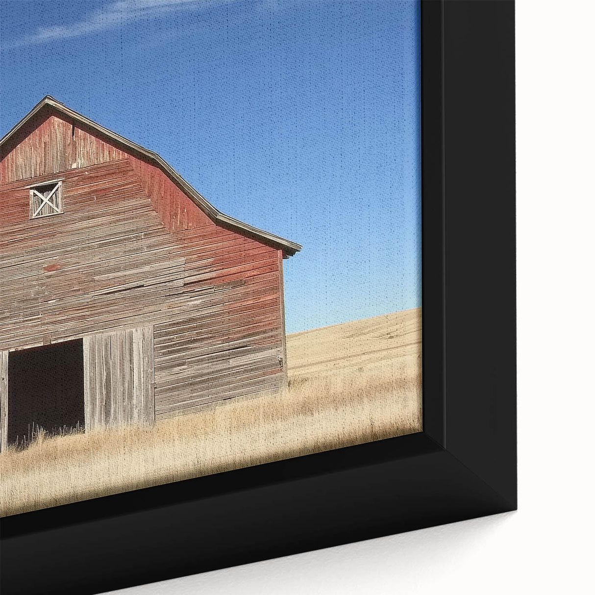 Close-up of a barn-themed landscape canvas artwork showcasing vibrant colors and detailed brush strokes, perfect for rustic home decor or art enthusiasts.
