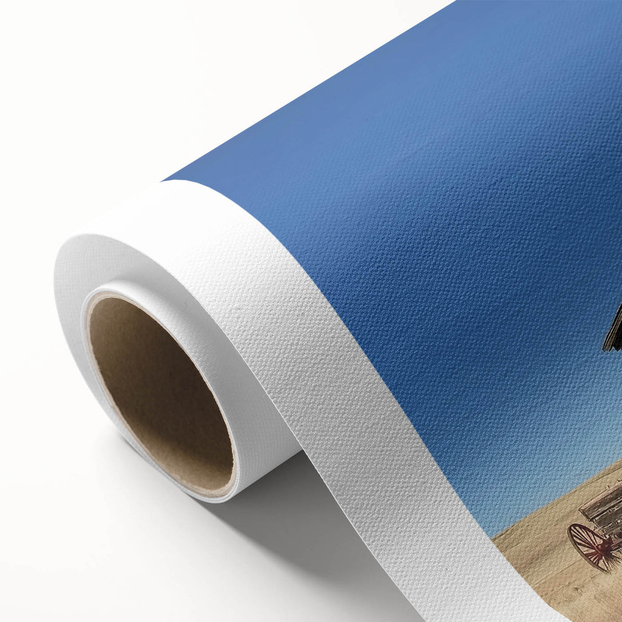 Rolled canvas showcasing a vibrant landscape barn design with rich colors and intricate details, securely packaged in a durable cardboard tube for safe shipping.