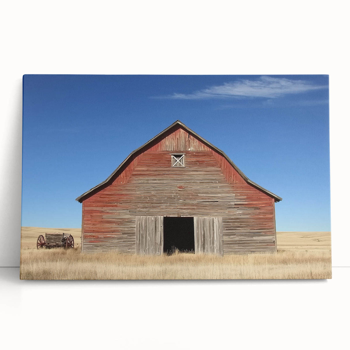 Landscape barn stretched canvas artwork showcasing a rustic barn scene with vibrant colors, perfect for farmhouse decor. Ideal for enhancing interior spaces with a touch of countryside charm.