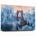 Landscape acrylic glass featuring a modern bridge design, showcasing vibrant colors and sharp details. The artwork is displayed from a side view, highlighting its unique pin attachments and reflective surface, perfect for contemporary decor.