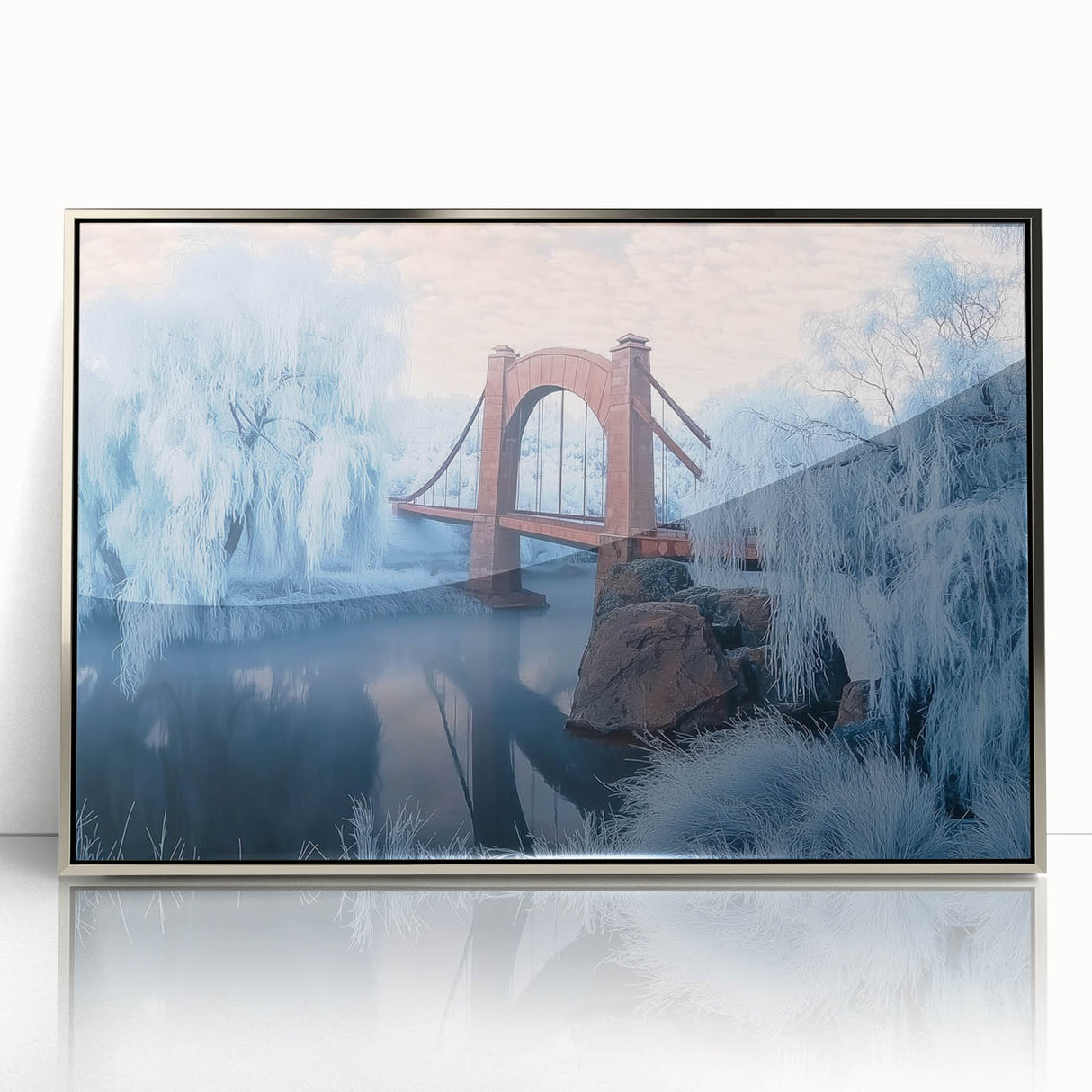 Framed acrylic artwork of a modern landscape bridge design, highlighted in silver tones, showcasing intricate details and reflections, perfect for contemporary decor.