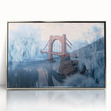 Framed acrylic artwork of a modern landscape bridge design, highlighted in silver tones, showcasing intricate details and reflections, perfect for contemporary decor.